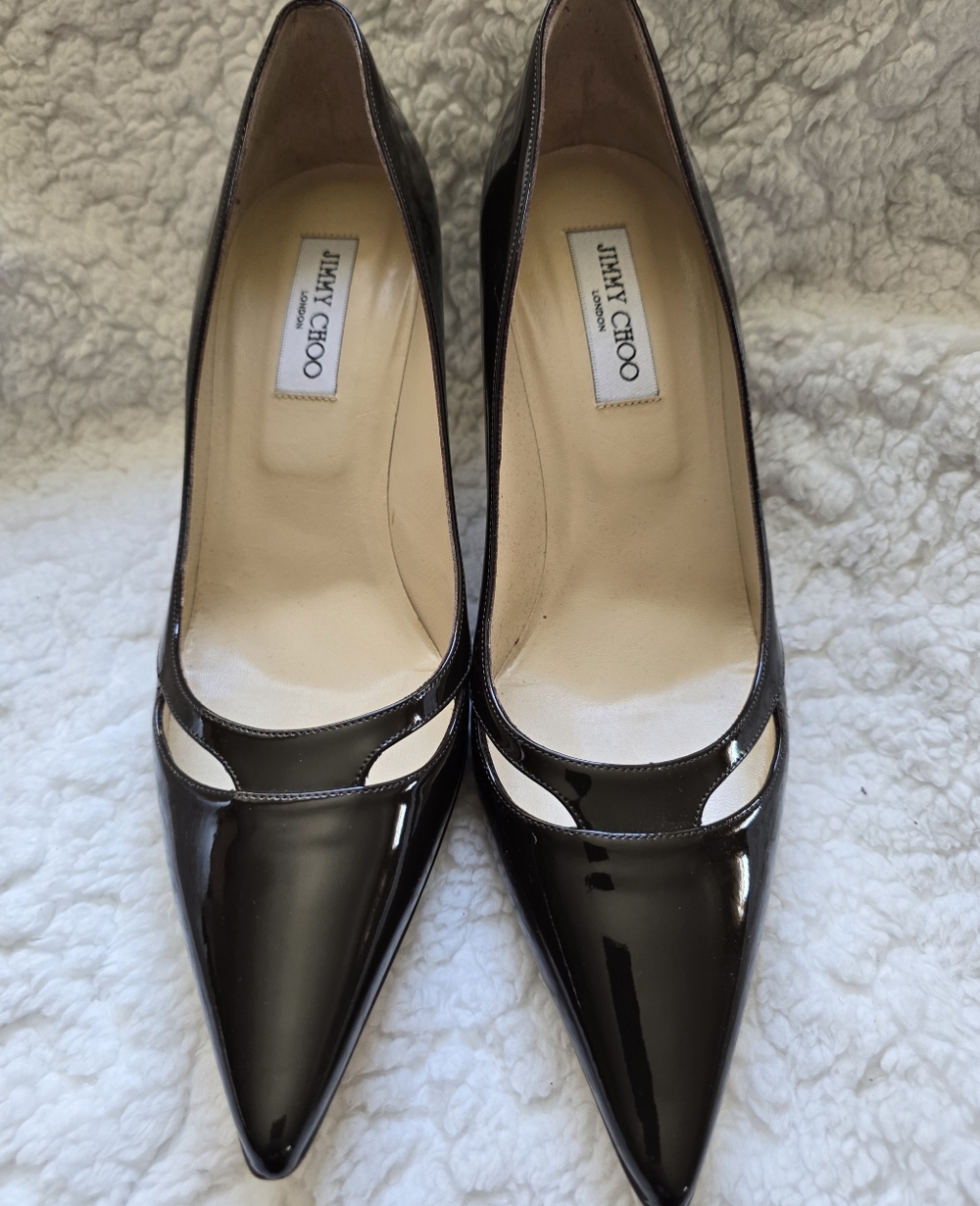 Jimmy Choo Chocolate Patent Leather Pointed Toe Cutout Pumps